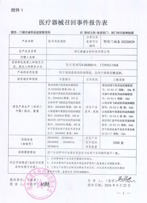 对湖北森鑫生物科技生产的医用退热凝胶等产品责令召回